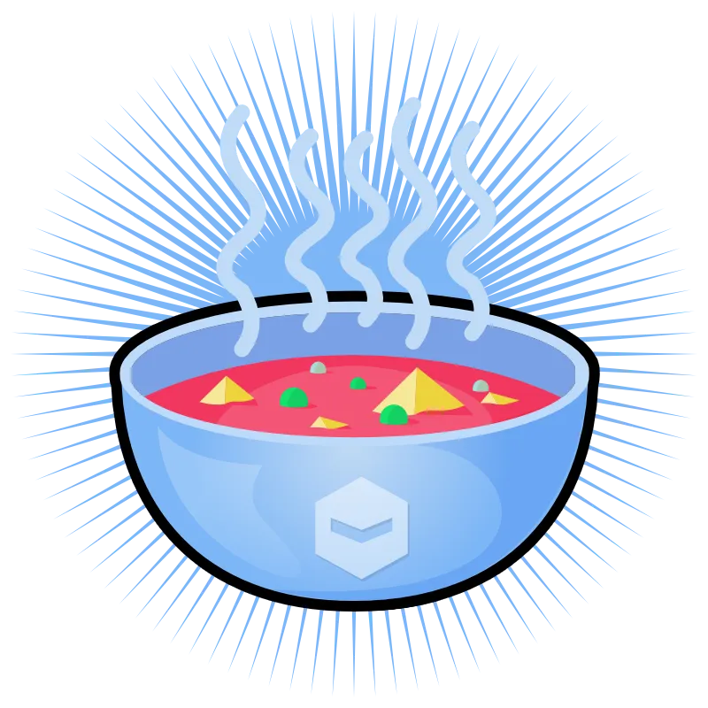 A steaming bowl of strange looking soup with the Deviant Robot logo on the bowl.