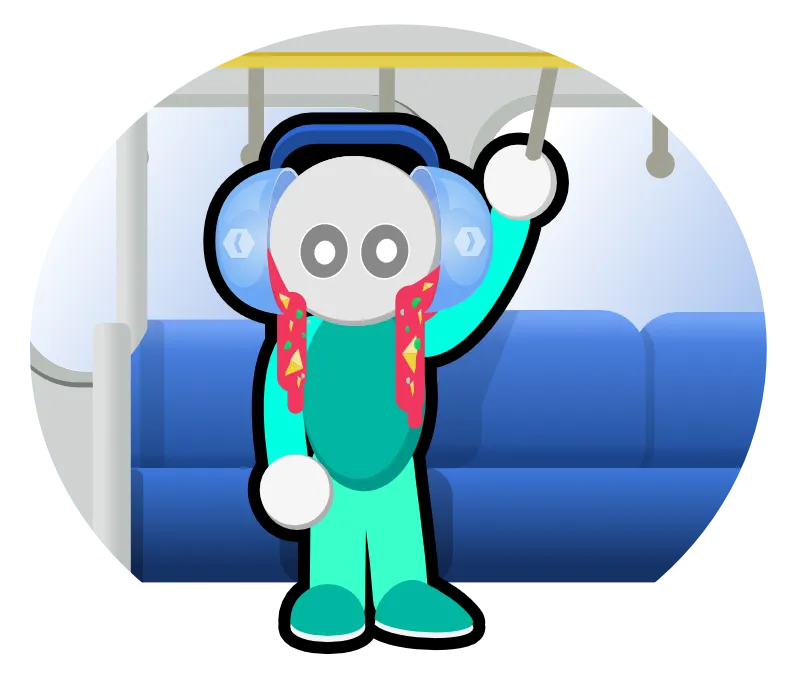 A figure standing inside a train holding the rail with two bowls of soup attached to his head like headphones; the soup is pouring out.