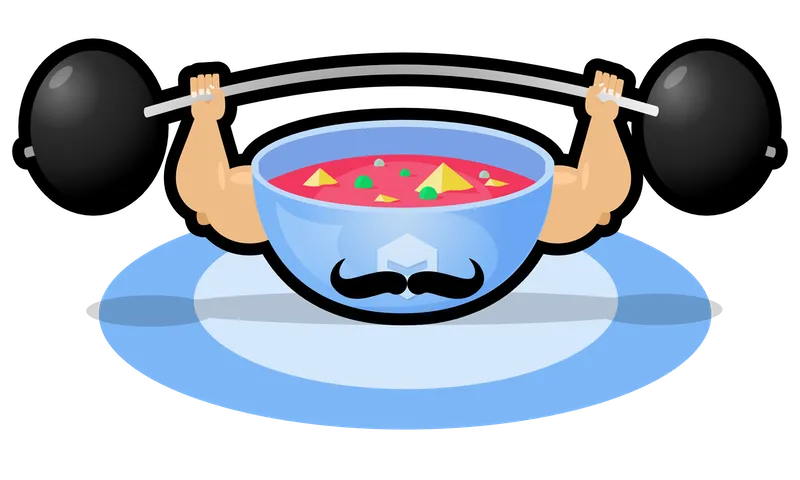 A bowl of soup with a victorian moustache and muscly arms lifting a heavy weight.