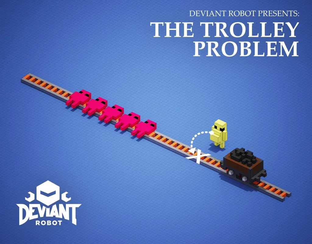 "A tain track, five people tied up on the track a trolley is on the track heading towards them and a fat person stands by the track"